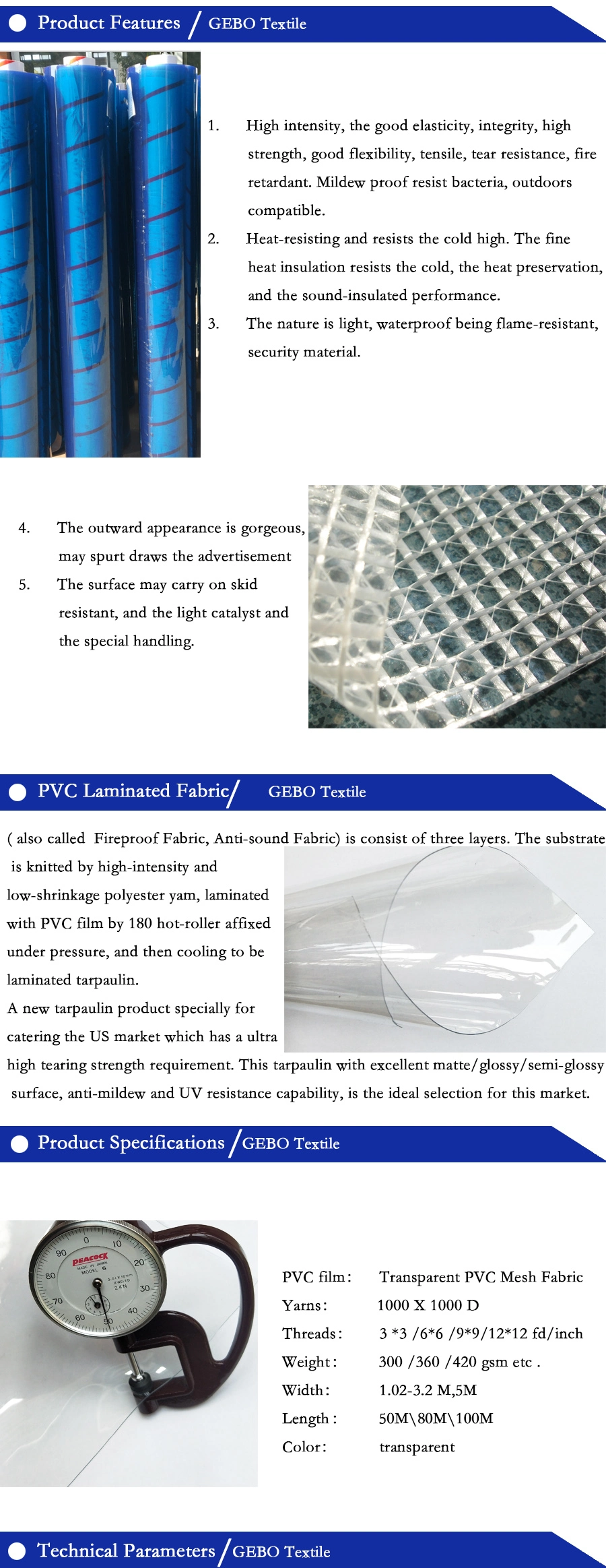 PVC Laminated Fabric Transparent Mesh Tarpaulin for Bag